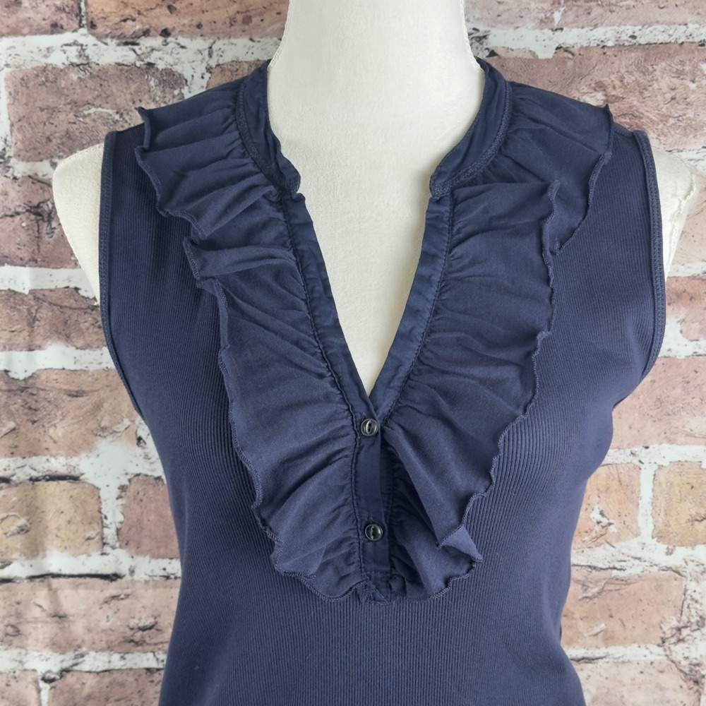 Lauren Jeans Co Ralph Lauren Navy Blue Ruffle V-Neck Ribbed Pima Cotton Top L - Picture 5 of 13